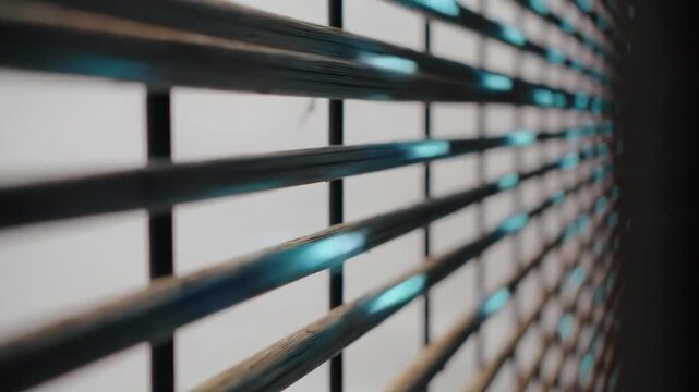 Close-up of modern window blinds with soft blue light filtering through the slats, creating abstract patterns and shadows