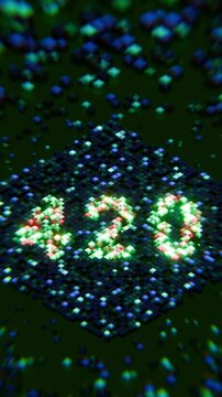 close-up 3d voxel render in a vertical frame, featuring intensely glowing green, red, and orange lights forming the number "420" on a textured diamond chip against a deep-green background with bokeh.
