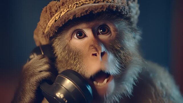 Surprised Monkey Wearing a Hat Talking on a Vintage Telephone