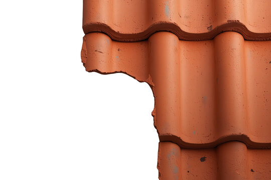 Broken terracotta roof tile fragment with rough edges, showing damage and need for repair, on a transparent alpha background