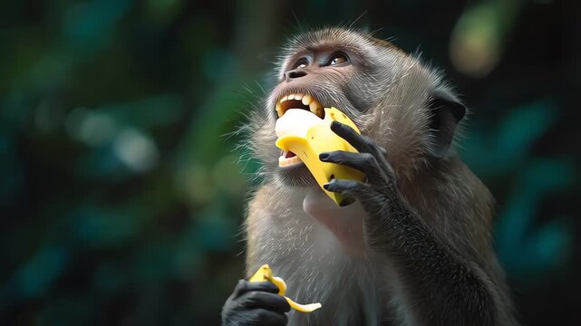 Wild Macaque Monkey Eating a Fresh Yellow Banana in the Forest