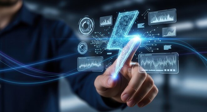 A hand interacts with a holographic lightning bolt icon for energy data, automation, technology, digital, system, innovation, ai, data