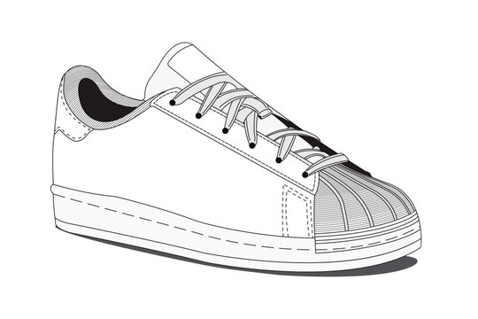 Line art illustration of a classic low-top sneaker with a shell toe design. The shoe features detailed stitching, laces, and a rubber sole, captured in a clean black-and-white vector style. Ideal for 