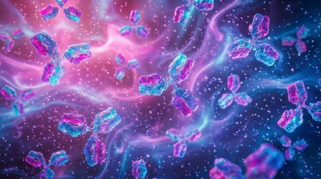 Abstract 3D illustration of neon antibodies defending against infection in bloodstream