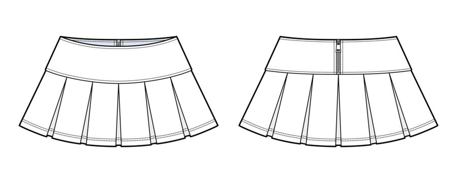 Women's High Waisted Pleated Mini Skirt Technical Flat - Tennis Skirt Fashion Vector Template with Back Zip