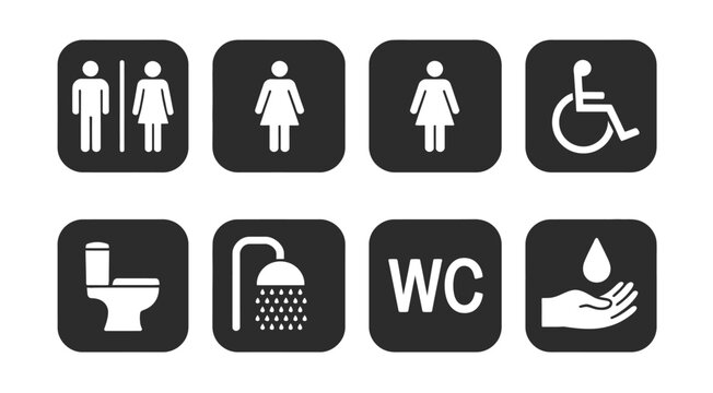 Toilet symbol collection, restroom vector icons for men, women, and accessible facilities, suitable for signage, maps, and public space design projects.