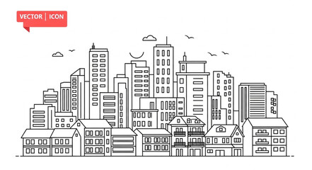 Obraz premium Urban cityscape illustration featuring various buildings and structures in a modern setting.