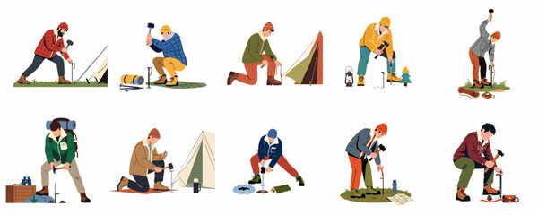 Fototapeta premium Collection of Flat Vector Illustrations Showing Men Pitching Tents and Setting Up Camp for an Outdoor Adventure Trip