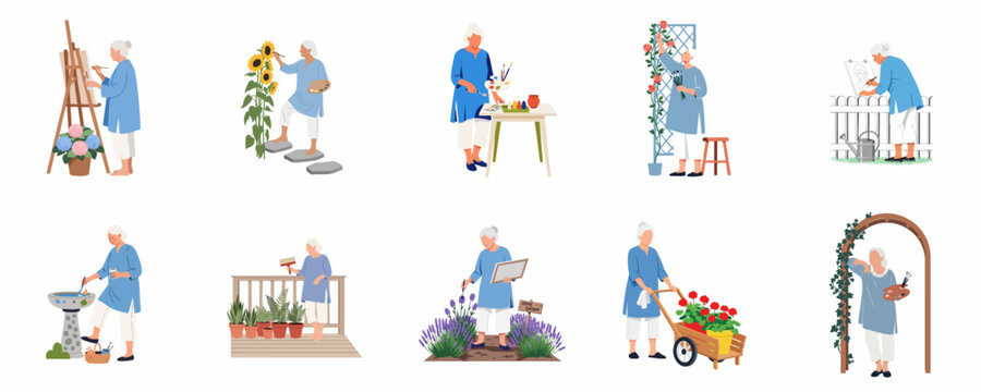 Set of flat illustrations featuring an elderly woman artist engaged in various gardening and outdoor painting activities in her backyard garden.