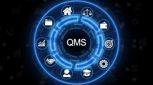 Abstract Hud knowledge ability business gear icon, abstract line concept. Abstract glitter text QMC business concept on the world map icon with alpha channel.Technology and network concept.4K