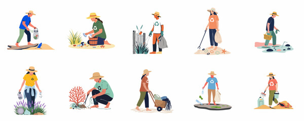 Set of volunteers cleaning up plastic waste and trash from beaches and coastal environments to protect marine life and the ecosystem. © Loro