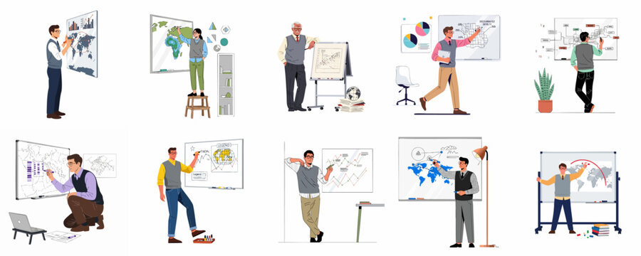A diverse collection of professional characters presenting complex data, maps, and statistical charts on whiteboards in business and educational settings.