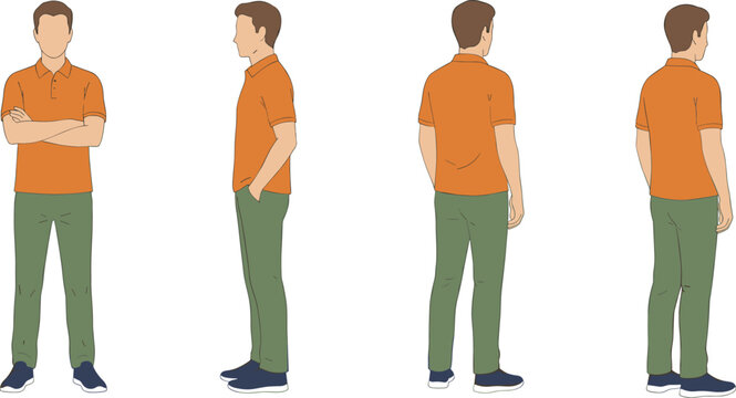 Male character character sheet with front side and back views wearing orange polo shirt and green chinos for user persona storyboard and fashion design flat vector