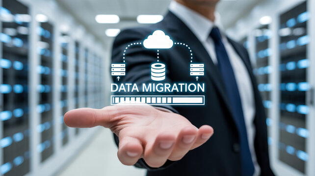 A businessman in a suit holds out his hand displaying a glowing holographic illustration of data migration with cloud and server icons in a modern ser