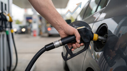 Fototapeta premium Hand holding fuel nozzle at gas station, filling car tank with gasoline, blurred vehicles in background, upward trend arrow indicating rising fuel prices