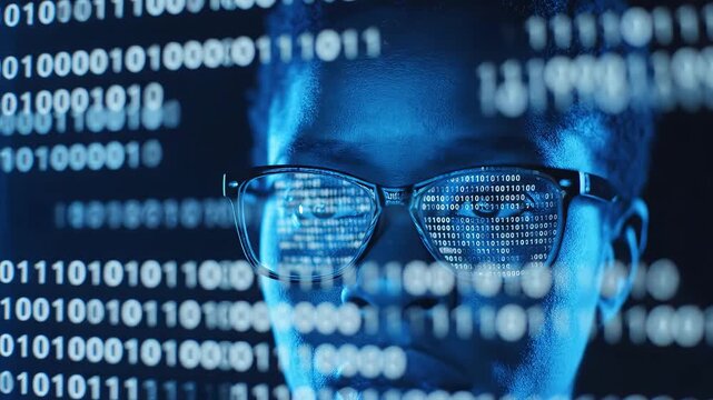 Person with glasses and binary code