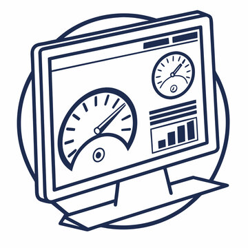 Large computer monitor with prominent circular speedometer gauge and statistical bar graph icons for system monitoring and performance evaluation