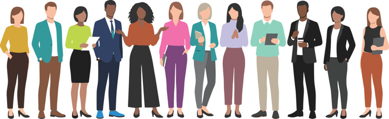 Fototapeta premium Diverse group of multiracial business professionals and office workers in modern smart casual and formal attire for company team page corporate culture and HR recruitment vector