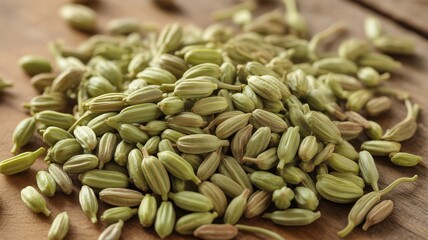 Obraz premium Pile of green cardamom pods on wooden surface
