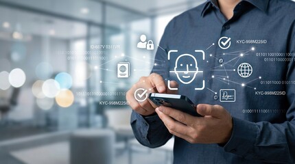 Obraz premium facial recognition, biometric, KYC, digital identity, cybersecurity, authentication, verification system using smartphone for secure access and personal data protection.