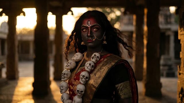 Hindu Goddess Kali Standing in Temple at Sunset.