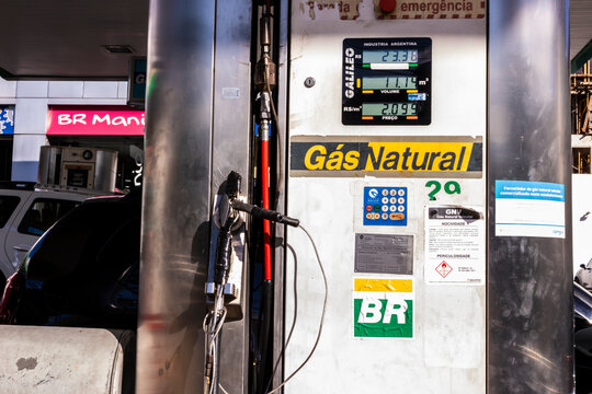Sao Paulo, SP, Brazil, March 30, 2017. Natural gas vehicle (NGV) fueling pump at a gas station, featuring a digital display for volume and pricing. 