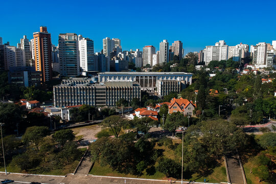 Aerial view of the Armando Alvares Penteado Foundation (FAAP) university campus in the Higienopolis neighborhood of Sao Paulo, Brazil. 