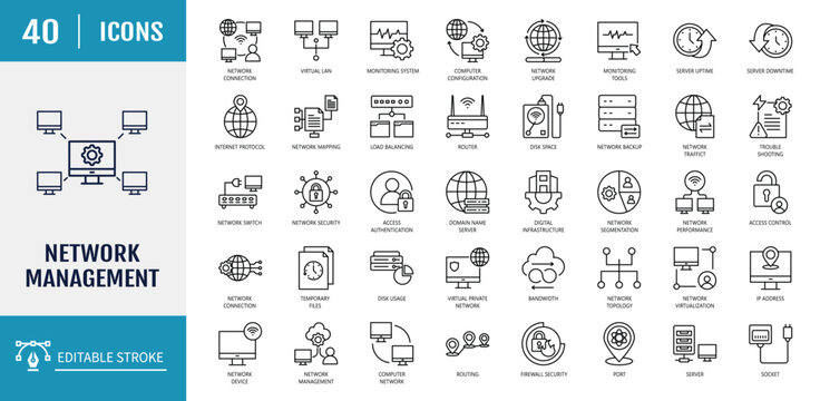 Computer network icon set. Includes management, configuration, monitoring system, performance, security, digital infrastructure. Outline icon set. Vector illustration with editable stroke