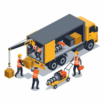 Workers loading and unloading cargo from a truck with a crane.