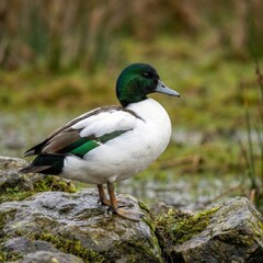 Obraz premium white colored duck with green feathers on a background