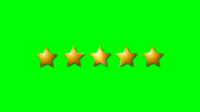 Five shiny golden stars arranged in a row on a vibrant green screen background, symbolizing top rating or quality.