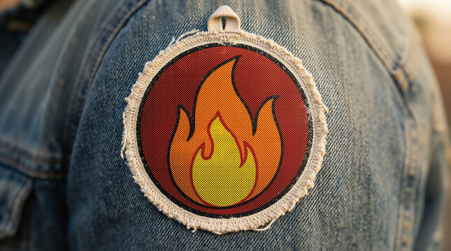 Close-up of a retro flame embroidered patch on a denim jacket.