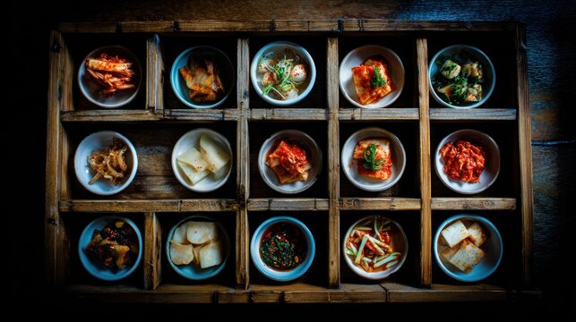Assortment of Korean Dishes in Bowls.