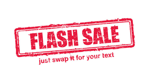 A red grunge rubber stamp vector illustration with a distressed ink texture, featuring the text "FLASH SALE" inside a  rectangular frame and an editable text placeholder below.