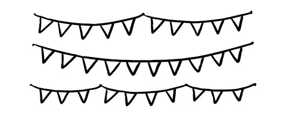 Crayon hand drawn bunting pattern set. Doodled triangle flag garland back. Kid sketched celebration flag chains and pennons for birthday decoration, footer, banner. Vector party pennon collection © vika_k