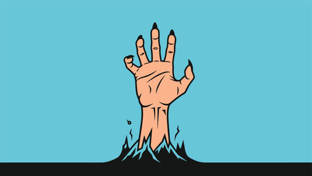 Creepy hand with long black claws rising from the dark earth against a solid light blue background representing a zombie or monster.