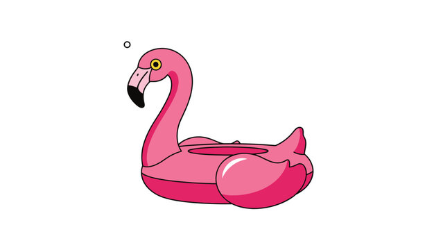 Fun inflatable pink flamingo pool floaty with a black beak and yellow eye is isolated on a white background for summer vacation themes.
