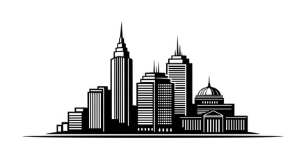 Fototapeta premium Urban cityscape vector illustration with modern tall buildings, skyscrapers, and a classic dome, black and white style.