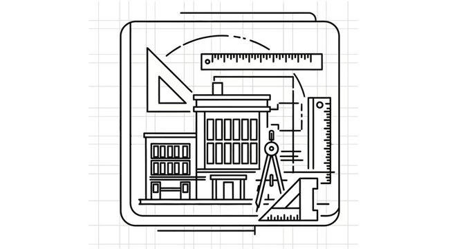 Line Art Architectural Design Concept with Modern Buildings and Engineering Drafting Tools. Urban Planning, Construction, and Blueprint Icon.