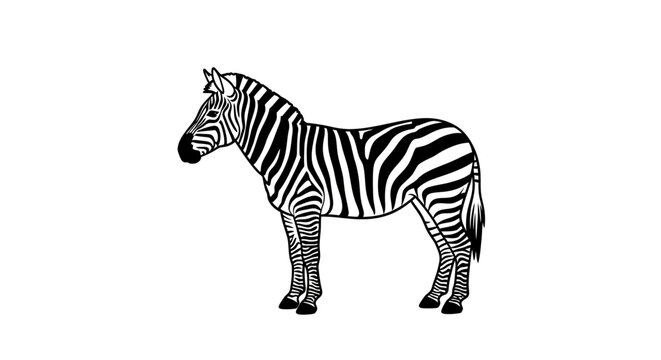 Black and white zebra illustration standing sideways, featuring iconic stripes. African wildlife animal vector graphic.