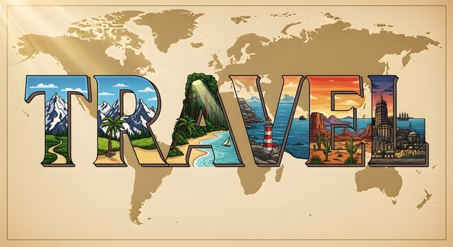 A captivating and artistic illustration spells out the word TRAVEL, each letter uniquely filled by iconic global destinations, showcasing majestic mountains, serene beaches, a charming lighthouse, ari