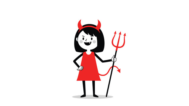 Cartoon girl in a red devil costume holding a pitchfork with horns and a tail isolated on a plain white background.