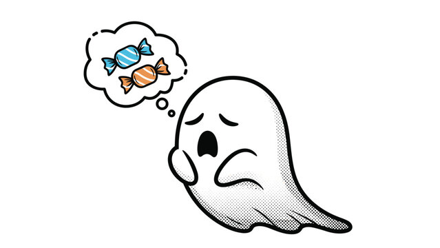 Sad cartoon ghost with a thinking bubble showing colorful candies representing longing for trick or treat sweets on a clean white background.