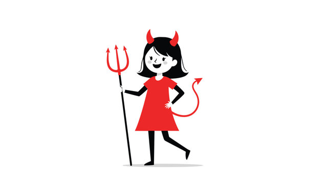 Cartoon little girl in a red devil costume with horns, a tail, and a pitchfork smiling on a white background for Halloween dress-up fun.