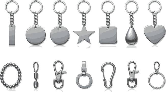 Set of realistic metallic keychain templates and silver hardware components featuring various shapes and clasp styles for branding product mockups and promotional gift designs