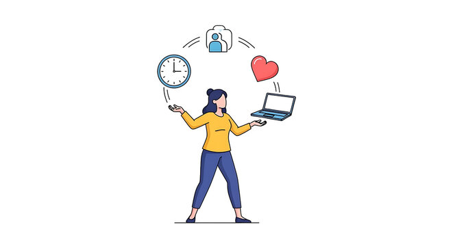 A woman in a yellow shirt and blue pants juggles a clock, a user profile icon, a heart, and a laptop, symbolizing multitasking and work-life balance in a modern lifestyle.