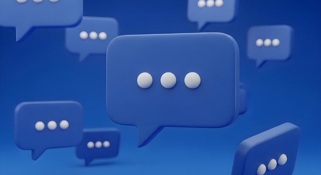 Multiple blue 3D speech bubbles with three dots symbolizing communication and chat.