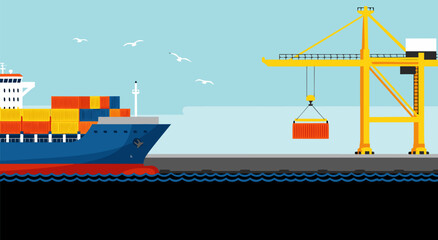 Fototapeta premium Commercial shipping and cargo loading at port, a vector illustration of international logistics and supply chain management operations
