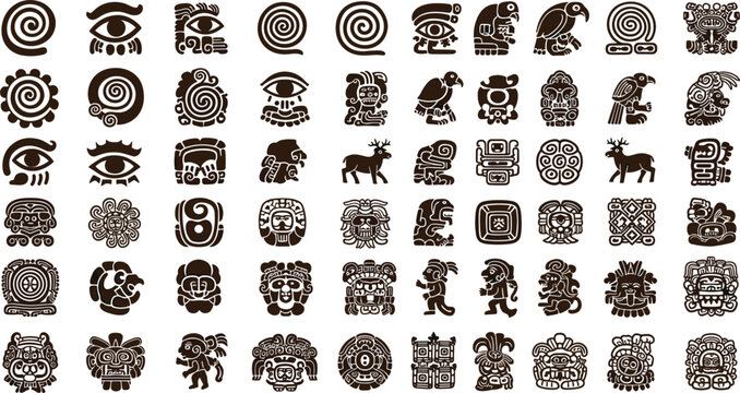 Large collection of ancient Mayan glyphs and tribal Aztec symbols featuring hand drawn ethnic icons for historical research mystical branding and cultural decorative patterns