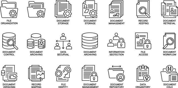 Large collection of document management icons featuring data storage file organization information security and digital archiving symbols for corporate business software and IT infrastructure projects